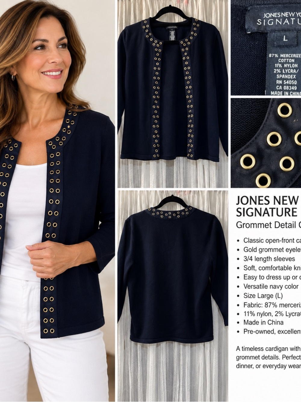 Jones New York Navy Open-Front Cardigan with Gold Grommets
